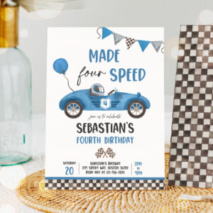 1 Editable Made Four Speed Race Car 4th Birthday Invitation Boy Vintage Blue Race Car 4th Birthday Party Made 4 Speed Instant Download DB5 1