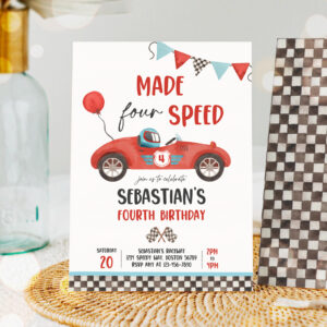 1 Editable Made Four Speed Race Car 4th Birthday Invitation Boy Vintage Red Race Car 4th Birthday Party Made 4 Speed Party Instant Download VR 1