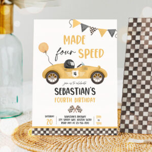 1 Editable Made Four Speed Race Car 4th Birthday Invitation Boy Vintage Yellow Race Car 4th Birthday Party Made 4 Speed Instant Download EW3 1
