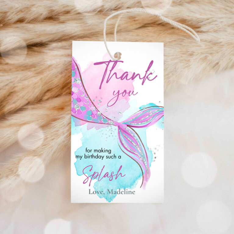 1 Editable Mermaid Birthday Favor Tags Under The Sea Thank You Mermaid Party Girl Pink Purple Silver Download Template Corjl PRINTABLE 0403 1