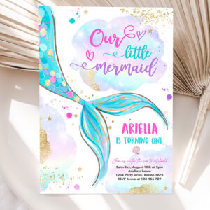 1 Editable Mermaid Birthday Invitation Our Little Mermaid 1st Birthday Party Pink And Gold Whimsical Mermaid Birthday