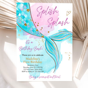 1 Editable Mermaid Birthday Party Invitation Girl Pink Aqua Blue Gold Mermaid Birthday Under The Sea Download Printable Template Corjl 0403 1