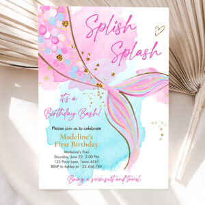 1 Editable Mermaid Birthday Party Invitation Girl Pink Aqua Purple Gold Mermaid Birthday Under The Sea Download Printable Template Corjl 0403 1
