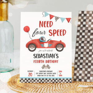 1 Editable Need Four Speed Race Car 4th Birthday Invitation Boy Vintage Red Race Car 4th Birthday Party Need 4 Speed Party