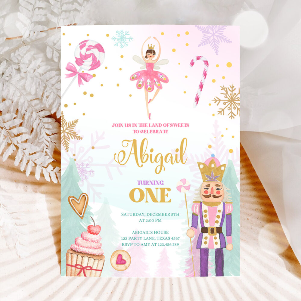 1 Editable Nutcracker Birthday Invitation Girl Land of Sweets Invite Winter Pink Girl Sugar Plum Fairy Download Printable Template Corjl 0352 1