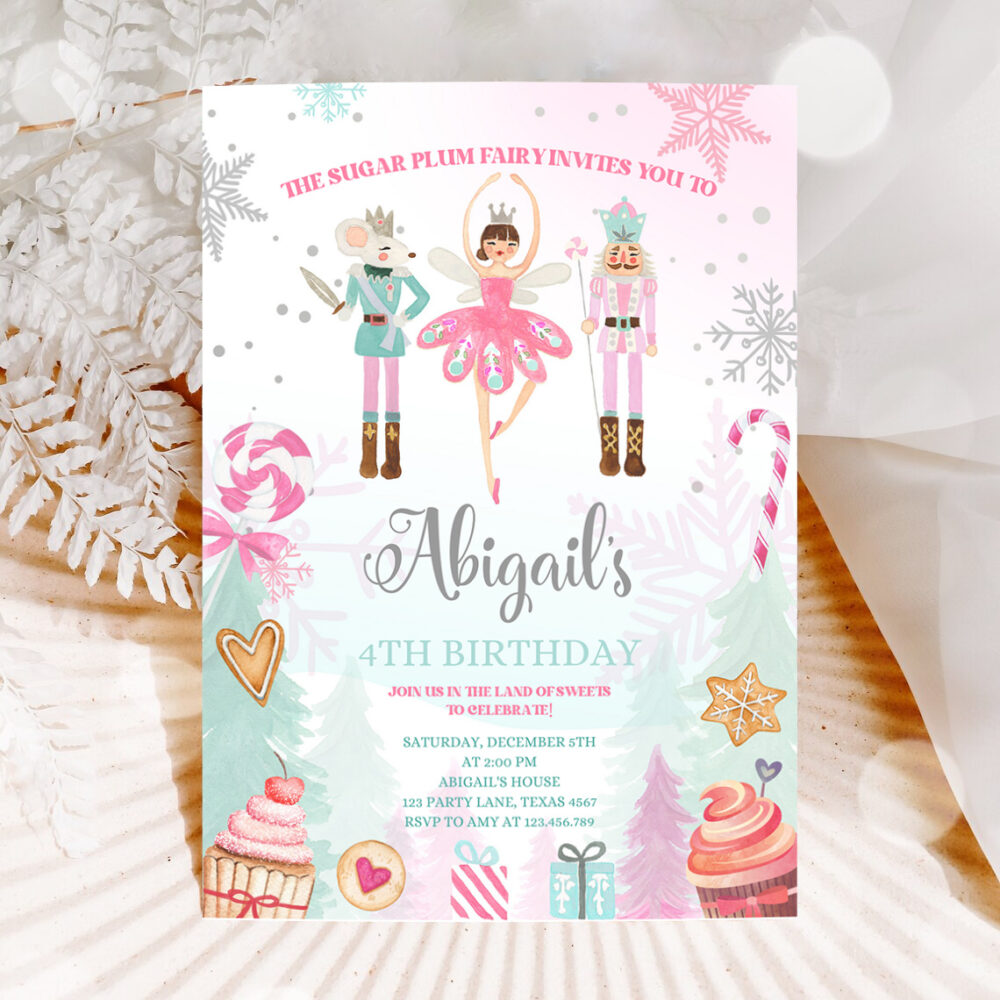1 Editable Nutcracker Birthday Invite Girl Land of Sweets Invite Winter Pink Girl Sugar Plum Fairy Download Printable Template Corjl 0352 1