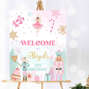 1 Editable Nutcracker Birthday Welcome Sign Winter Birthday Girl Land of Sweets Christmas Holiday Pink Gold Template PRINTABLE Corjl 0352 1