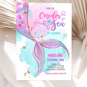 1 Editable ONEder the Sea Birthday Party Invitation Mermaid First Birthday Girl 1st Birthday Pink Gold Download Printable Template Corjl 0403 1