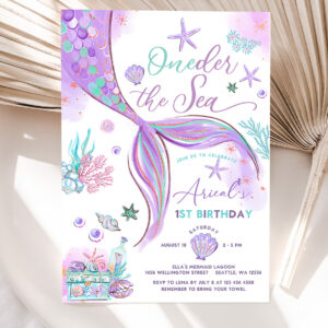 1 Editable ONEder the Sea Mermaid Purple Teal First 1st Mermaid Birthday Little Mermaid Invite Printable Template