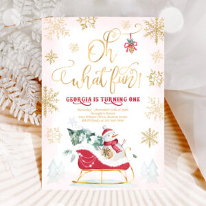 1 Editable Oh What Fun Winter Birthday Invitation Red Winter Sleigh Birthday Christmas Holiday Sleigh Party