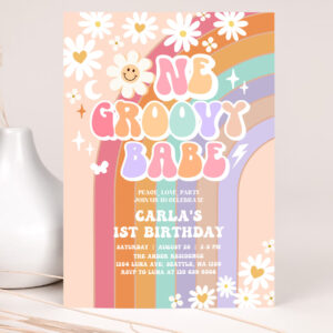 1 Editable One Groovy Babe Invite Daisy Rainbow Groovy 1st Birthday Invite Hippie Retro 1st Birthday Invitation