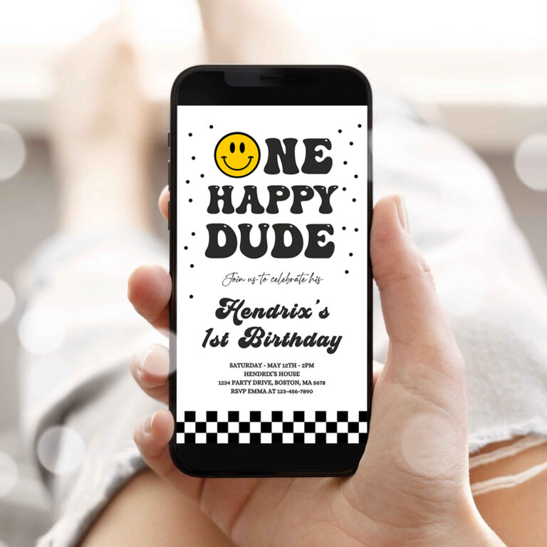 1 Editable One Happy Dude Birthday Evite Boy 1st Birthday Invitation Smiley Face Birthday Girl Download Phone Template