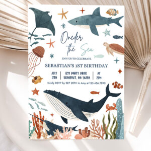 1 Editable Oneder the Sea 1st Birthday Party Invitation Under The Sea 1st Birthday Whale Shark Sea Life Party