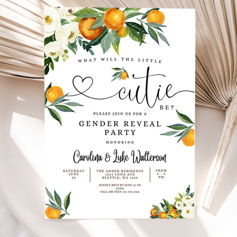 1 Editable Orange Gender Reveal Party Invitation A Little Cutie is on the Way Citrus Gender Reveal Invites Template