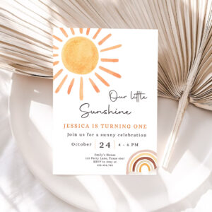 1 Editable Our Little Sunshine Birthday Invitation 1st You Are My Sunshine Party Neutral Boho Download Printable Template