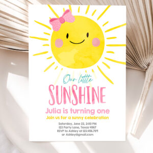 1 Editable Our Little Sunshine Birthday Invitation You Are My Sunshine First Birthday 1st Party Pink Girl Bow Party
