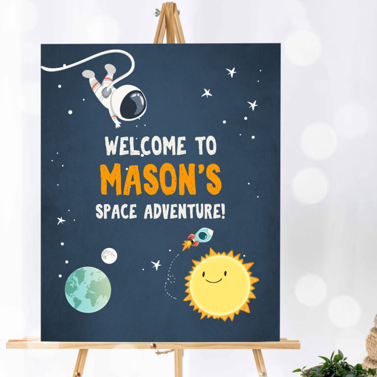 1 Editable Outer Space Astronaut Welcome Sign Birthday Baby Shower Welcome 1st Birthday Boy Space Adventure Template PRINTABLE Corjl 0046 1