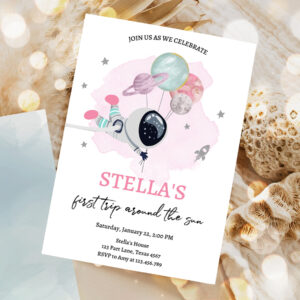 1 Editable Outer Space Birthday Invitation Girl Out of this World Astronaut Trip Around the Sun Download Printable Template Digital Corjl 0366 1