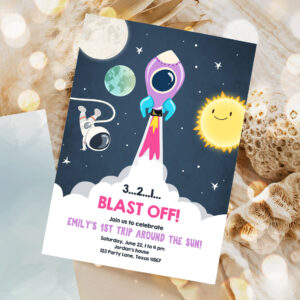 1 Editable Outer Space Birthday Invitation Girl Rocket Astronaut Space Ship Blast Off Download Printable Template Digital Corjl 0046 1