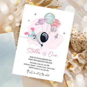 1 Editable Outer Space Birthday Party Pink Girl Out of this World Astronaut Trip Around the Sun Download Printable Template Digital Corjl 0366 1