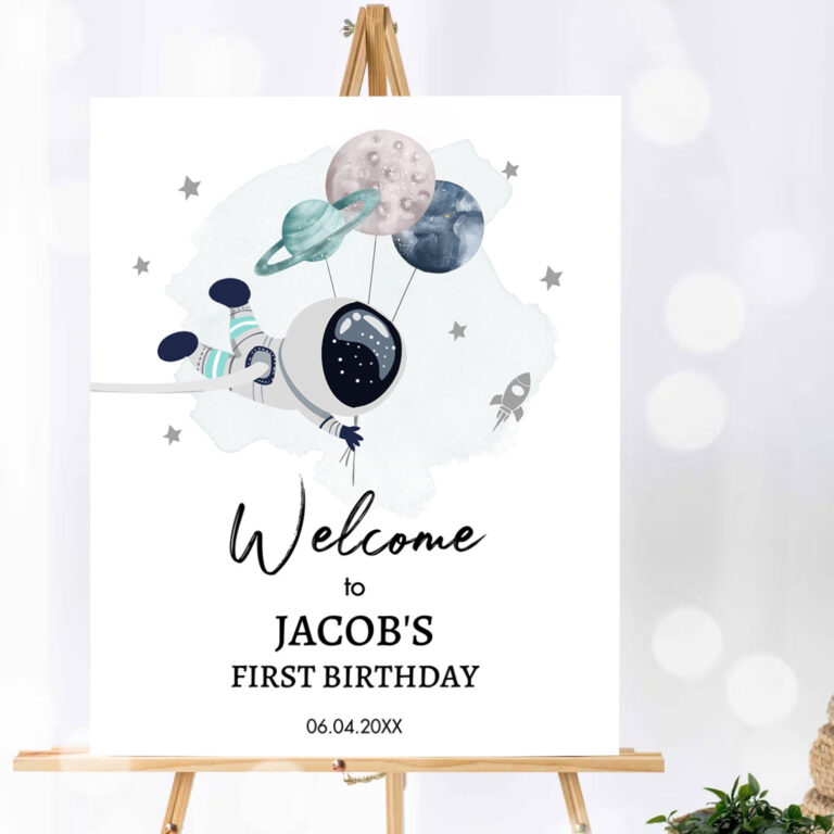 1 Editable Outer Space Birthday Party Welcome Sign 1st Birthday Boy Galaxy Planets Trip Around the Sun Astronaut Template PRINTABLE Corjl 0366 1