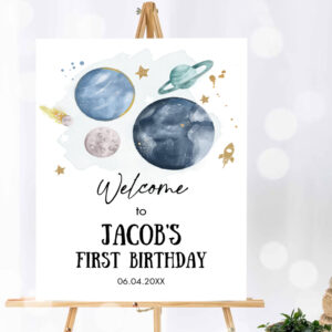 1 Editable Outer Space Birthday Welcome Sign 1st Birthday Boy Galaxy Planets Trip Around the Sun Astronaut Party Invitation