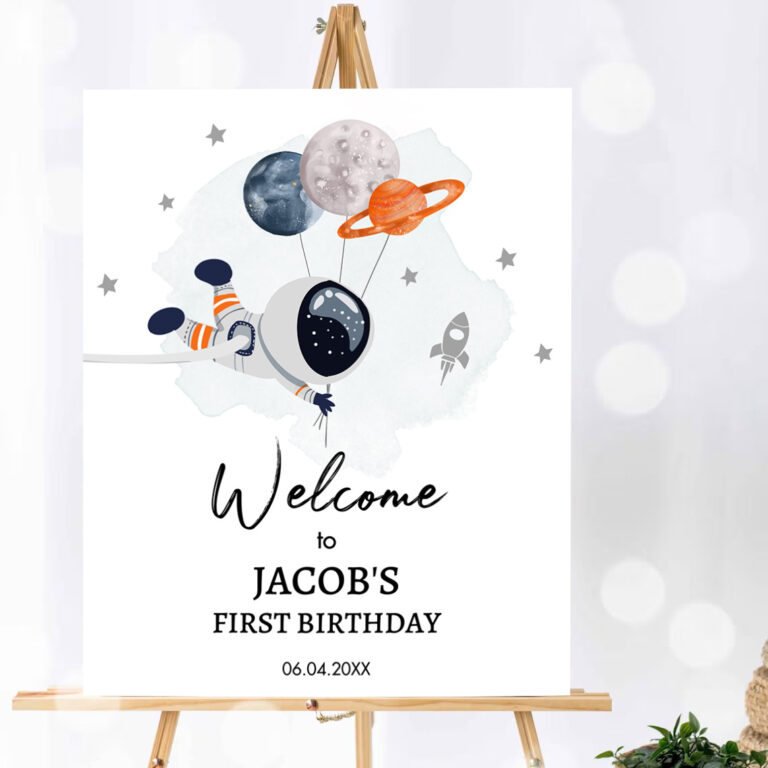 1 Editable Outer Space Birthday Welcome Sign 1st Birthday Boy Galaxy Planets Trip Around the Sun Astronaut Template PRINTABLE Corjl 0366 1