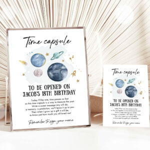 1 Editable Outer Space Time Capsule First Birthday Party Astronaut Rocket Space Birthday Moon Planets Guestbook Party Invitation
