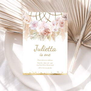 1 Editable Pampas Grass Boho Birthday Invitation Bohemian Birthday Party Muted Tones Boho Dreamcatcher Tropical Party