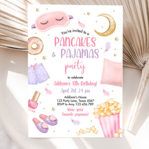 1 Editable Pancakes and Pajamas Birthday Invitation Movie Night Party Girl Pink Teen Tween Slumber Party Digital Corjl Template Printable 0447 1