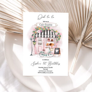 1 Editable Paris Birthday Invitation Girl Tea Party Invite Pink Floral French Parisian Cafe Patisserie Printable Template Corjl Digital 0441 1
