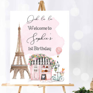 1 Editable Paris Birthday Welcome Sign French Patisserie Tea Party Birthday Floral France Paris Party Parisian Template PRINTABLE Corjl 0441 1