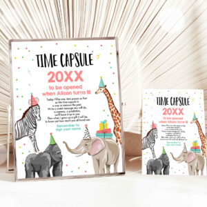 1 Editable Party Animal Time Capsule Girl Pink First Birthday Wild One First Birthday Party Zoo Safari Animals Jungle Corjl Template 0142 1