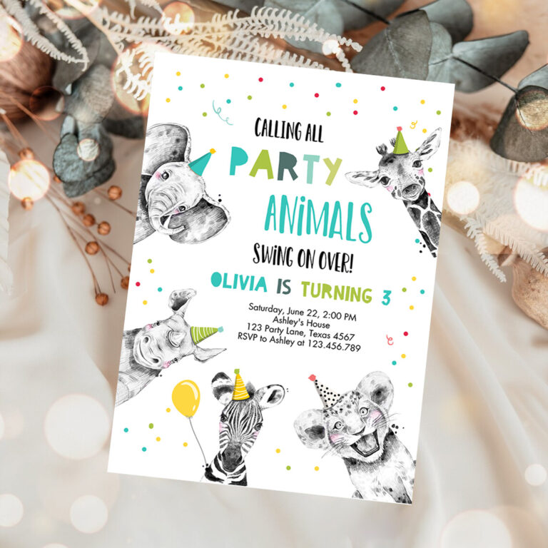 1 Editable Party Animals Birthday Invitation Calling All Animals Zoo Safari Animals Boy Green Neutral Download Template Corjl Printable 0390 1