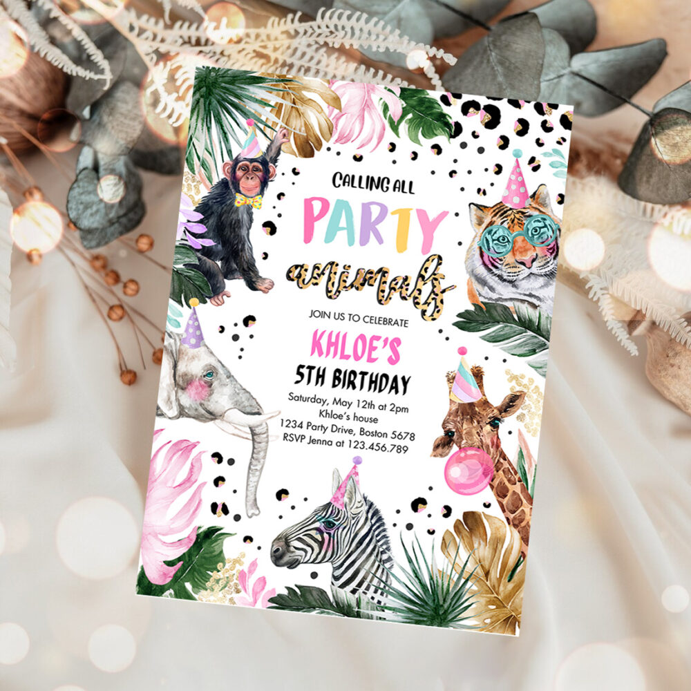 1 Editable Party Animals Birthday Invitation Leopard Print Safari Animals Birthday Party Invitation Leopard