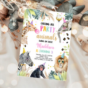 1 Editable Party Animals Birthday Invitation Leopard Print Safari Animals Zoo Birthday Party Girl Pink Download Printable Template Corjl 0417 1