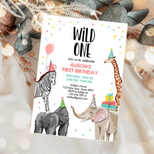 1 Editable Party Animals Birthday Invitation Wild One Animals Invitation 1st Zoo Safari Animals Girl Download Printable Template Corjl 0142 1