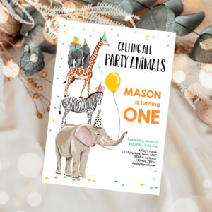 1 Editable Party Animals Birthday Invitation Wild One Animals Invitation Zoo Safari Animals Boy Instant Download Printable Corjl Template 0142 1