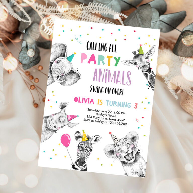 1 Editable Party Animals Birthday Invitation Wild One Animals Invitation Zoo Safari Animals Girl Download Printable Invite Template Corjl 0390 1