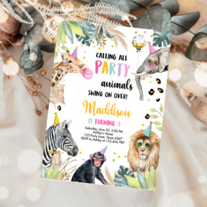1 Editable Party Animals Birthday Invitation Wild One Animals Invitation Zoo Safari Animals Girl Download Printable Invite Template Corjl 0417 1