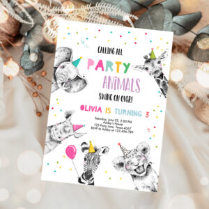 1 Editable Party Animals Birthday Invitation Wild One Animals Invitation Zoo Safari Animals Girl Party Invite