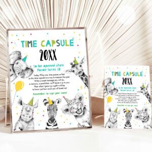 1 Editable Party Animals Time Capsule Boy Blue First Birthday Wild One First Birthday Party Zoo Safari Animals Jungle Corjl Template 0390 1