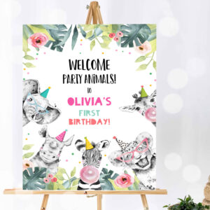 1 Editable Party Animals Welcome Sign Party Animal Sign Zoo Safari Welcome Jungle Sign Birthday Animals Girl Party Invite