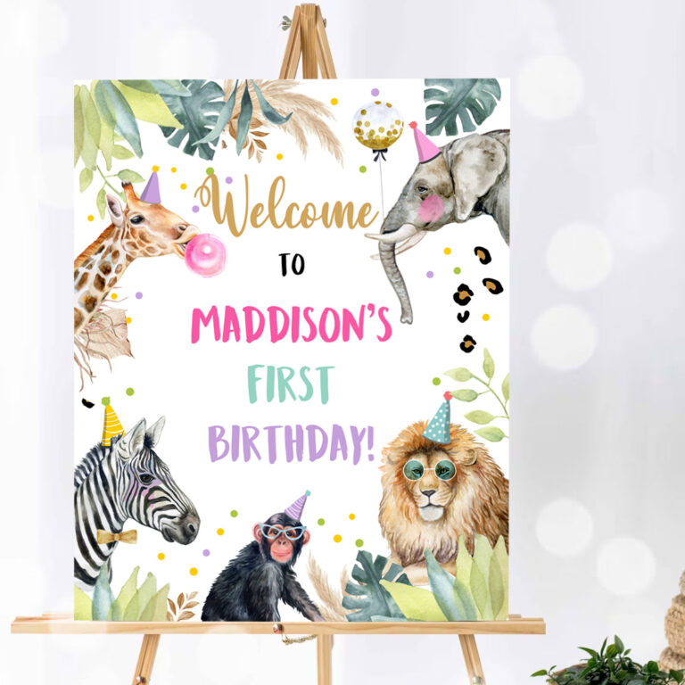 1 Editable Party Animals Welcome Sign Party Animal Sign Zoo Safari Welcome Jungle Sign Birthday Animals Girl Template PRINTABLE Corjl 0417 1