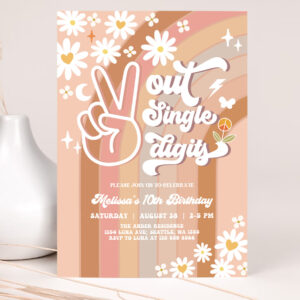 1 Editable Peace Out Single Digits Invites Fall Groovy 10th Birthday Invite Daisy Rainbow Birthday Invitation