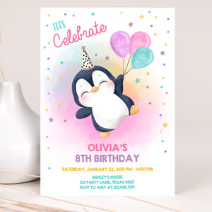 1 Editable Penguin Birthday Invitation Winter Party Arctic Animals Girl birthday Party Cute Penguin Baby Shower Printable Digital Corjl 0372 1