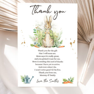 1 Editable Peter Rabbit Baby Shower Thank You Card Gender Neutral Rustic Spring Bunny Baby Shower Digital Corjl Template Printable 0351 1