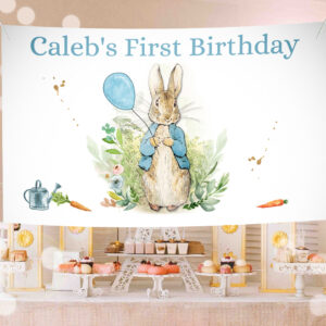 1 Editable Peter Rabbit Backdrop Banner Bunny Birthday Boy Bunny Birthday Spring Watercolor Rustic Blue Download Corjl Template Printable 0351 1