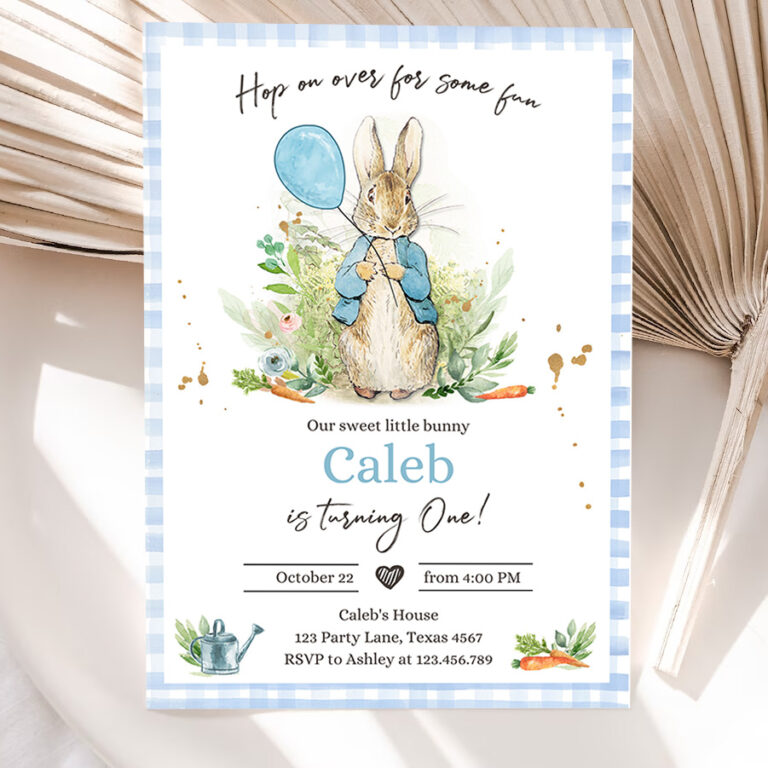 1 Editable Peter Rabbit Birthday Invitation Boy Blue Rustic Peter Rabbit First Birthday Hop On Over Watercolor