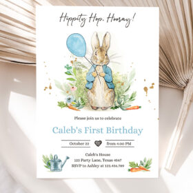 1 Editable Peter Rabbit Birthday Party Invitation Boy Blue Rustic Peter Rabbit 1st Birthday Invite Watercolor Digital Corjl Template Printable 0351 1